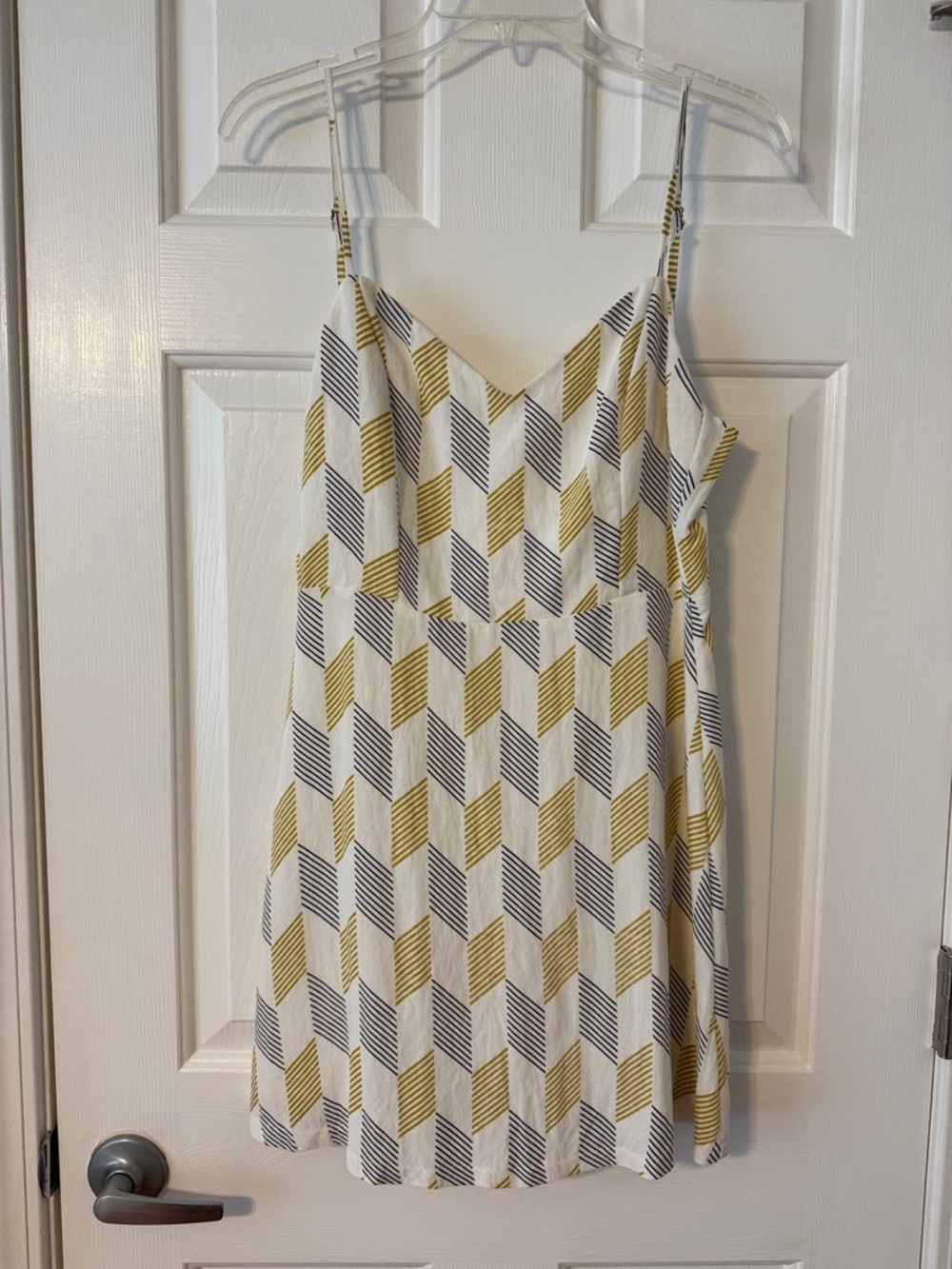 Women’s Geometric Print Spaghetti Strap Dress in Cream, Black and Yellow